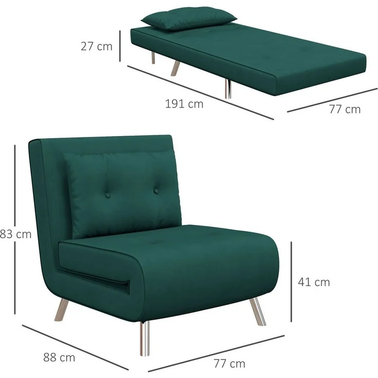 HOMCOM Sessel Schlafsessel, Klappsessel mit Bettfunktion, Einzelsofa mit Kissen (Gästebett, 1-St, Polstersofa), für Wohnzimmer, Schlafzimmer, Dunkelgrün, 77 x 88 x 83 cm – Bild 2