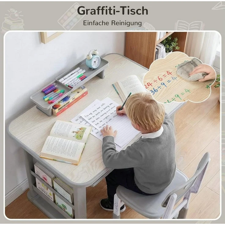 TLGREEN Kinderschreibtisch mit Stuhl Set Höhenverstellbarer (Kinderaußenhocker innen/außen nutzbar, Graffiti-Tisch 3-12 Jahre, mit Seiten-Bücherregal & Ablagekasten), Stabiler Kinderlernplatz für Kinderzimmer/Garten/Arbeitszimmer – Bild 2