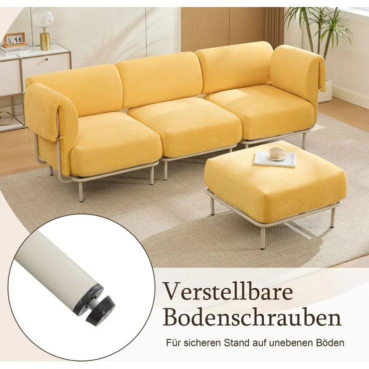 Modulares 3-Sitzer-Sofa mit Hocker, Chenille, 251x155x78 cm, Senfgelb – Bild 6