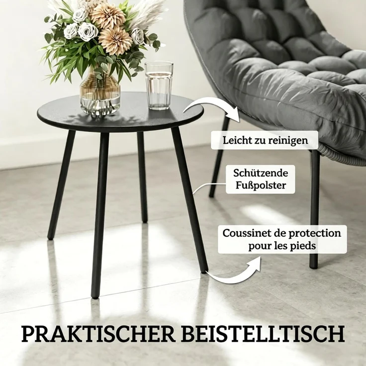 Gartentischgruppe mit Tisch H 44 x Ø 50 cm, Stahl und Harzgeflecht, mit 2 Stühlen – Bild 6
