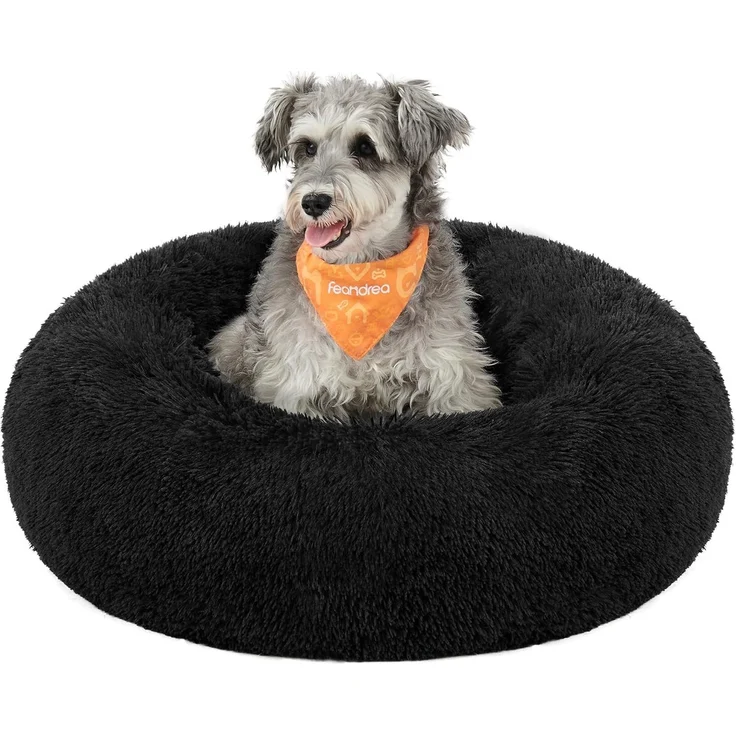 Feandrea Hundebett flauschig, Katzenbett, Donut Kissen, waschbar, Polsterung in der Mitte herausnehmbar, Langer Plüsch, 70 cm Durchmesser, tintenschwarz PGW039B01 – Bild 1