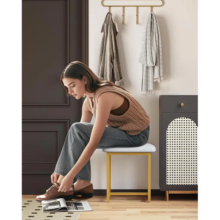 Mondeer Schminkhocker, Makeup Eitelkeit Hocker, Fußhocker Stuhl mit goldene Metallbeine, für Make-up Raum Schlafzimmer Wohnzimmer Eingang Flure, 41 × 31 × 44.5 cm, Grau+Gold – Bild 5