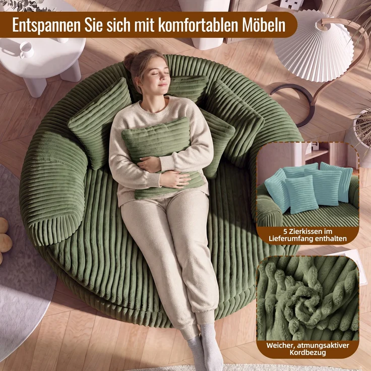 Abrihome Sitzsack mit Armlehnen und Rückenkissen, Grün, 145x133x59 cm – Bild 7