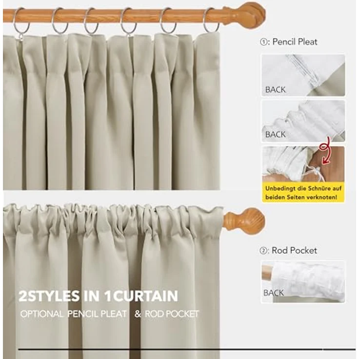 Deconovo Verdunklungsvorhänge mit Kräuselband Blickdicht Übergardinen Creme | 2er Set, H 175 x B 140 cm, Gardinen für Schienensystem, Hitzeschutz, Kinderzimmer Vorhang, für Wohnzimmer, Übergardinen – Bild 5