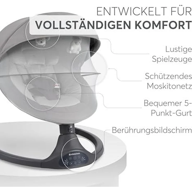 KikkaBoo Codie Babywippe Elektrisch für Neugeborene mit Musik – Baby Schaukelstuhl bis 9 kg, 5 Schwingstufen, Bluetooth, Verstellbare Rückenlehne, 10 Melodien, Hellgrau – Bild 3
