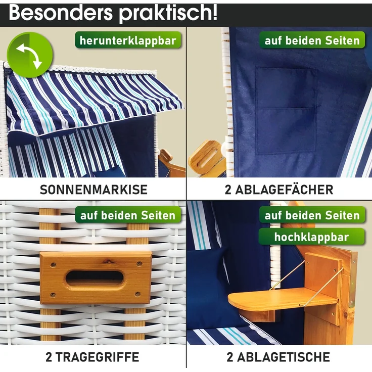 BRAST Strandkorb Usedom 3-Sitzer XXL für 2-3 Personen 165cm breit inkl. wetterfeste Abdeckhaube verstellbare Rückenlehne Fußkissen Hellblau - gestreift – Bild 5