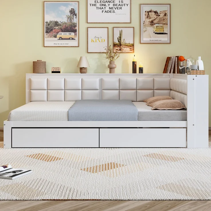 Sofa-Holzbett, 140 x 200, multifunktionales Bett mit weicher Rückenlehne, großer Stauraumschublade, Einzelbett, Jugendbett, Holzbett aus Kiefernholz, Holz, Weiß, 140 x 200 cm – Bild 3