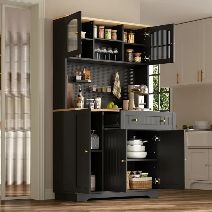 Vitrinenschrank mit Tür, Küchenschrank, Hochschrank, verstellbaren Einlegeböden, Lochblech,Schwarz , 103.5× 40 × 180 cm--Schwarz--103.5x40x180cm--YOUDENOVA – Bild 6