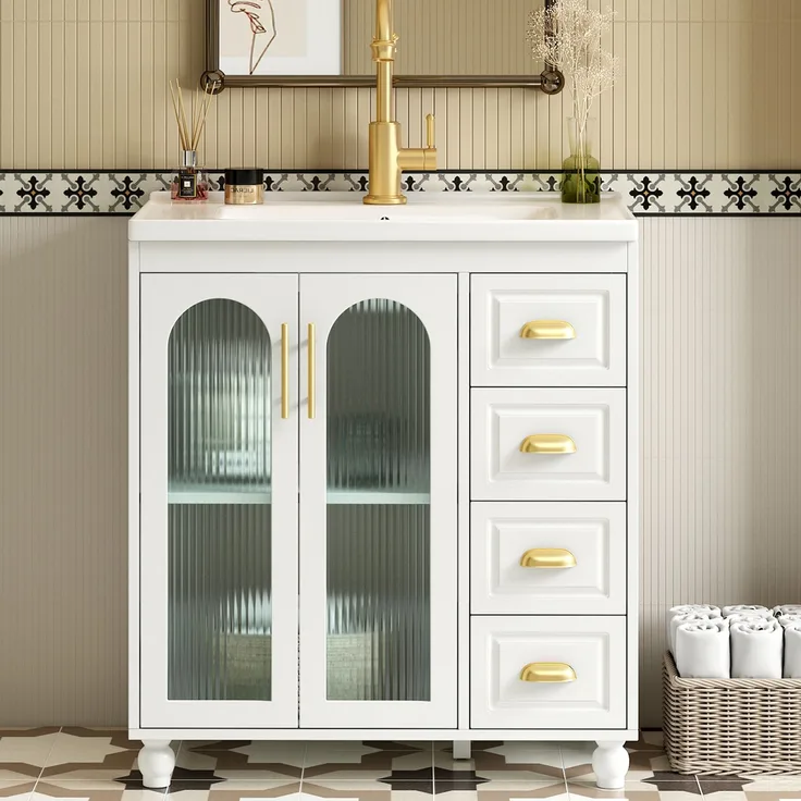 Badmöbel Einzel Waschtisch mit Unterschrank 80cm mit Keramik-Waschbecken,weiß