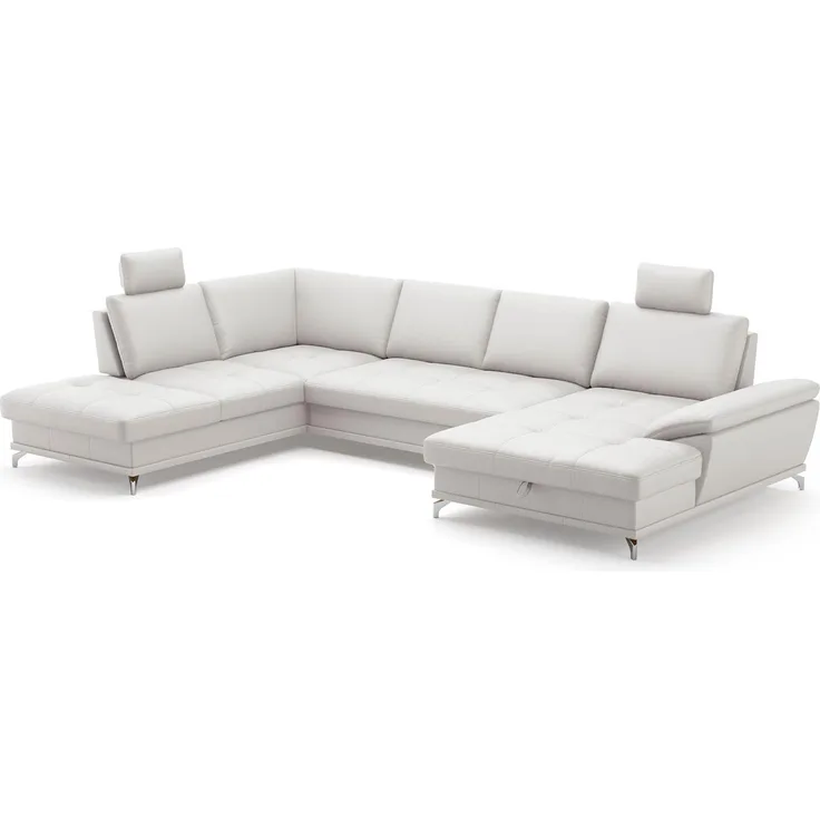 Cavadore Wohnlandschaft Castiel mit Federkern / Sofalandschaft mit großem Longchair, Sitztiefenverstellung, Kopfstützen und satinierten Metallfüßen / 363x89-104x223 / Echtleder, Weiß