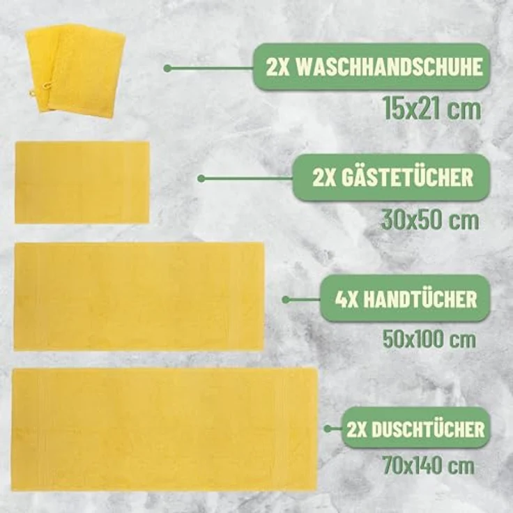 GREEN MARK Textilien 10 TLG. FROTTIER Handtuch-Set mit verschiedenen Größen 4X Handtücher, 2X Duschtücher, 2X Gästetücher, 2X Waschhandschuhe | Farbe: Gelb | Premium Qualität – Bild 3