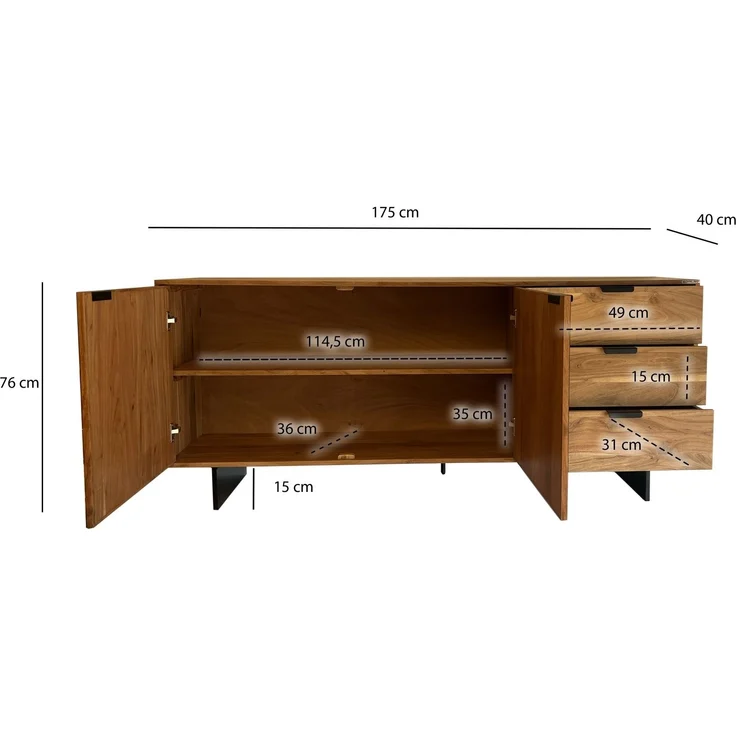 FineBuy Sideboard Akazie Massivholz 175 cm 2 Türen & 3 Schubladen - Massive Retro Kommode Steinoptik - Design Natur Anrichte - Handmade Industrial – Bild 3