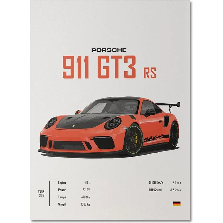 Poster Sportwagen PORSCHE 911 AUDI Rs MERCEDES Amg Gtr Super Sport Auto · Geschenk für ihn · Wohnzimmmer Büro · Wand Deko PrintIohne Rahmen - 21 x 30 cm / PORSCHE 911 GT3 RS Orange Schwarz