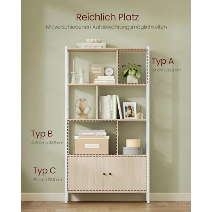 VASAGLE Bücherregal, Bücherschrank mit 4 offenen Regalebenen, Regal, Standregal, geräumiger Wohnzimmerschrank, Küche, Büro, Stahlgestell, modern, naturbeige-wolkenweiß LBC022LL01 – Bild 4