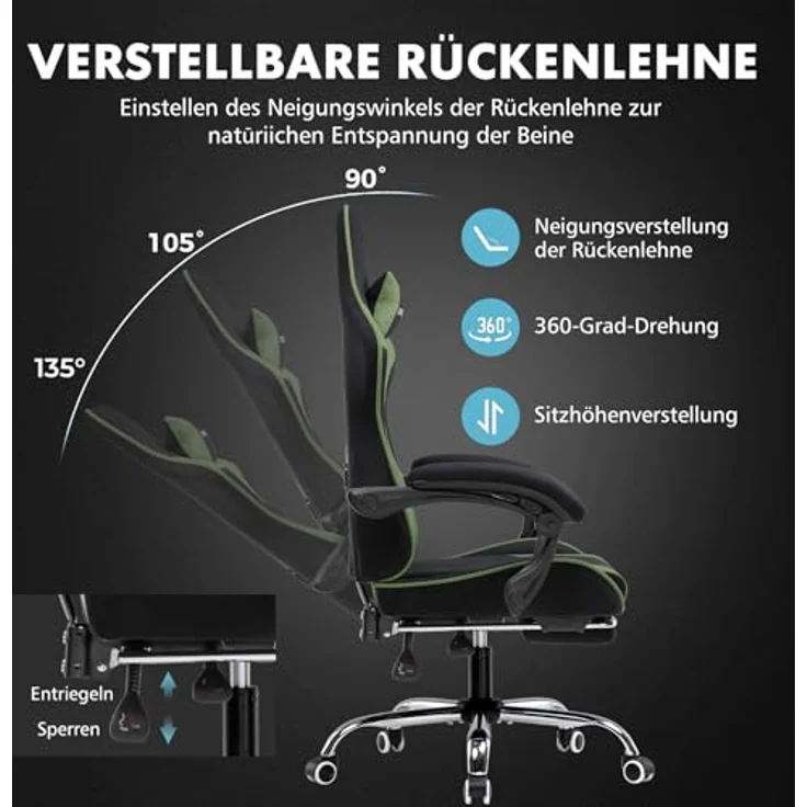 GTPLAYER Gaming Stuhl, Bürostuhl, Ergonomischer Pc Stuhl, Gaming Sessel mit Massagelendenwirbelstütze, Task Stühle mit Fußstütze und Kopfstütze, Grün Stoff – Bild 6