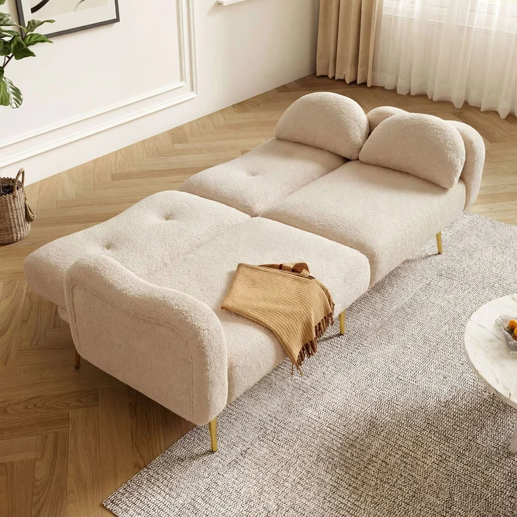 Wohnora-[Schlaffunktion]Zweisitzer-Sofabett - Modernes Zweisitzersofa mit verstellbarer Rückenlehne + vergoldeten Metallfüßen, integrierter Bettfunktion Multifunktionales 2-in-1-Möbelstück,H 82cm x T 175cm x B 79cm,Beige+Natur – Bild 3