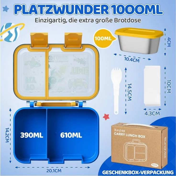 Bundviel Lunchbox Brotdose Kinder mit Fächern Bento Box Auslaufsicher Lunchbox, PP+ABS, (mit 100ml Edelstahl-Dippschale, Kindergarten und Schule - Mädchen und Jungen, Vesperbox, Snackbox)