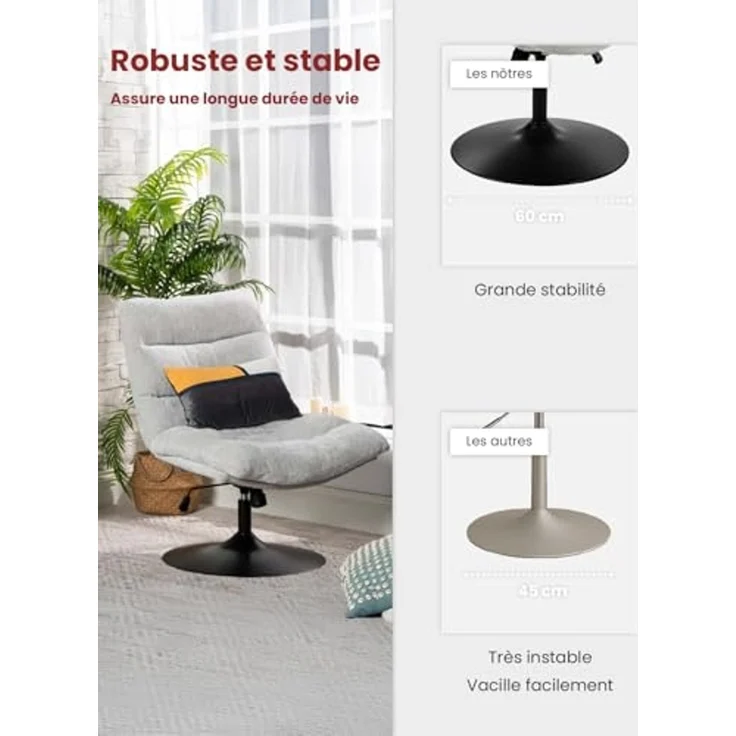 MEUBLE Cosy Bürostuhl Ergonomisch Schreibtischstuhl mit höhenverstellbar 360° Drehbar Kippfunktion ohne Armlehnen, Chenille-Stoff, Grau – Bild 6