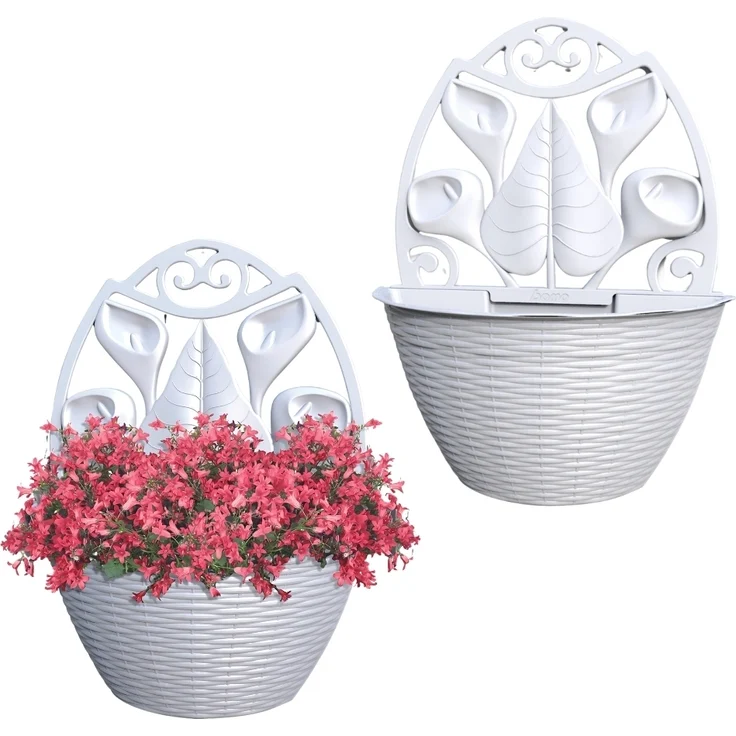 2er Set Blumentopf Wand Blumentopf Wandmontage Wandblumentopf Wandvasen für Pflanzen Pflanzen Wandhalterung Wandtopf Außenbereich 32 cm Weiß Rattan Optik – Bild 7