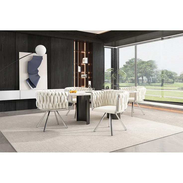 Merax Samt-Esszimmerstuhl, 2er set, Schlafzimmer-Drehstuhl, 360° drehbar Freizeit-Drehstuhl mit vier Stützbeinen aus Metall, beige+Silber – Bild 10