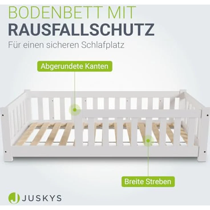 Juskys 'Naya' Kinderbett - mit Matratze, Rausfallschutz & Lattenrost - Bodenbett für Kinder 3 -10 Jahre - Holz Weiß, 80x160 cm – Bild 6