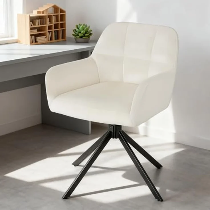 Sweetcrispy Esszimmerstuhl, 360° Drehstuhl Esszimmer, Küchenstuhl, Samt Schminktisch Stuhl, bis 120 kg belastbar, Sessel mit Armlehnen Stahlbeine, Schreibtischstuhl für Arbeitszimmer, Beige – Bild 3