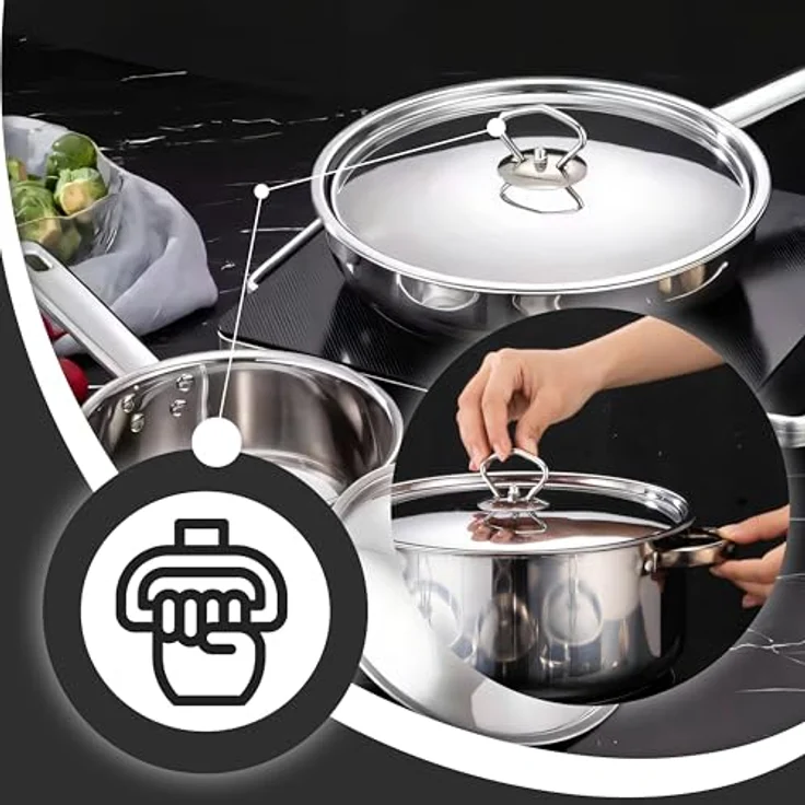Retoo Topf-Set OR205, 15-teiliges Kochgeschirr-Set aus Edelstahl mit 4 Töpfen, 1 Pfanne, 6 Glasdeckeln und Küchenhelfern, Silber, für alle Herdarten – Bild 6