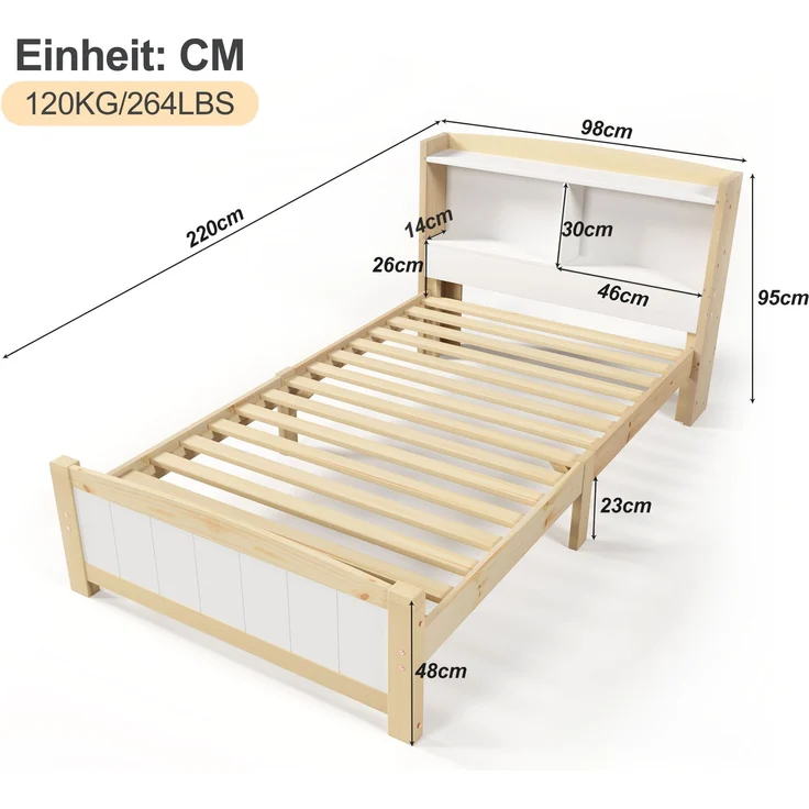 Bett 90x200 cm mit Stauraum-Kopfteil aus Massivholz, weiß – platzsparendes Einzelbett mit Lattenrost – Bild 7