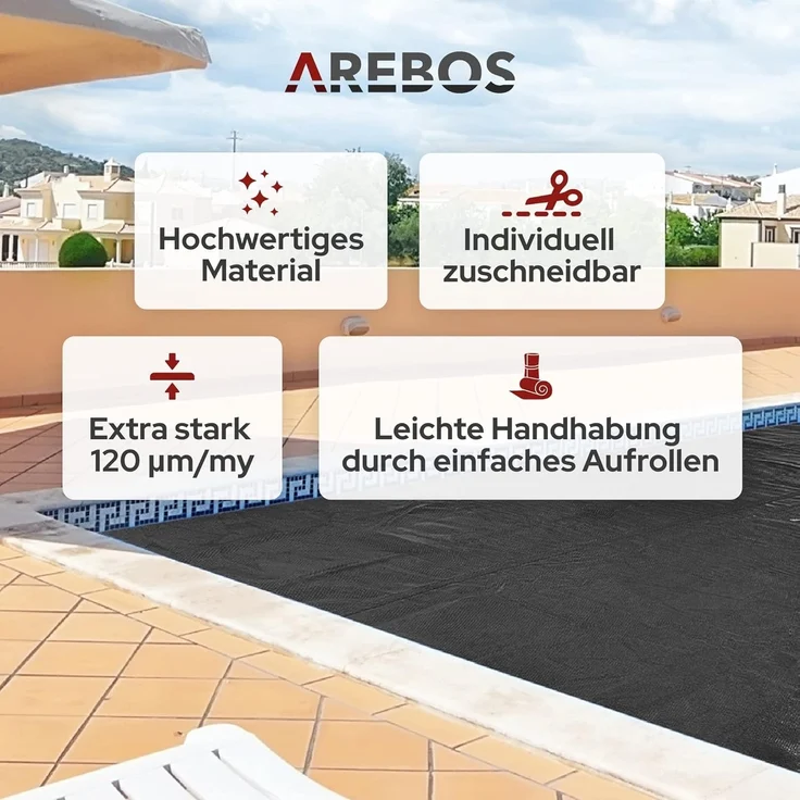 Arebos Solarabdeckplane Solarplane 120 µm Pool-Abdeckplane mit Wärmefolie (Stück, schwarz), 120mic – Bild 3