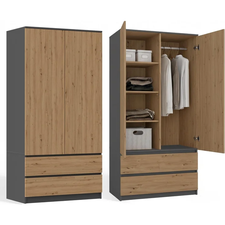 CDF Kleiderschrank 90 cm Breit Kinderkleiderschrank Zweitüriger Kleiderschrank 2 Schubladen 3 Regalen Einer Kleiderstange Schlafzimmer Laminierte Platte 16mm Mehrzweckschrank Eiche Artisan / Anthrazit