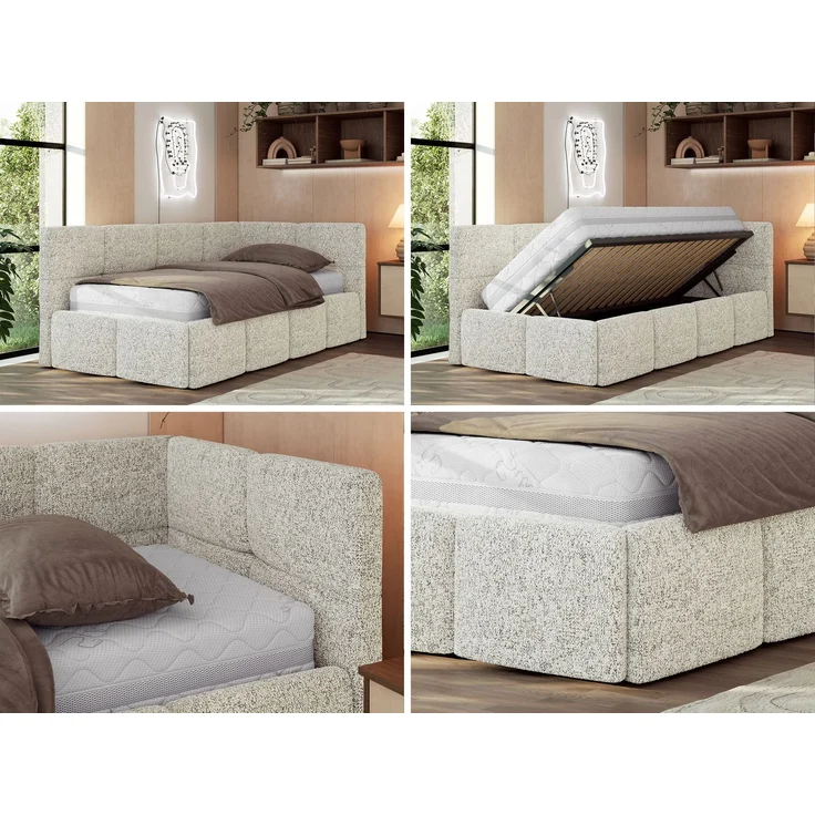 Jugendbett 90x200 ARVO Polsterbett mit Bettkasten, Stauraum & Gasdruckfeder, Modernes Design mit Kopfteil, Foam Matratze - Beige Strukture - MIRO LUX - Rechts Seite – Bild 2