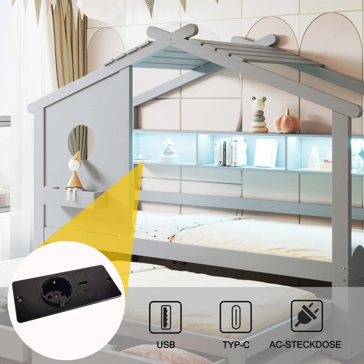 Merax Kinderbett, Jugendbett, 90x200cm, mit Ausziehbett 90x190cm, mit 2 Schubladen, mit USB- und Typ-C-Ladeanschlüssen und LED, mit Einlegeböden, Grau – Bild 5