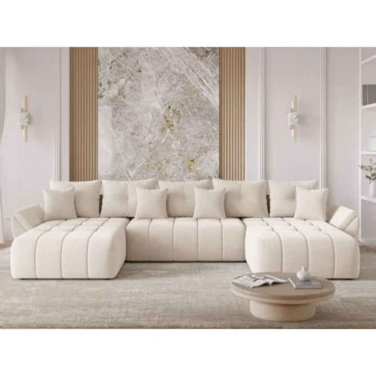 GrainGold Ecksofa Decor U, U-Form mit Bettkasten, Schlaffunktion, Wellenfedern, Beige