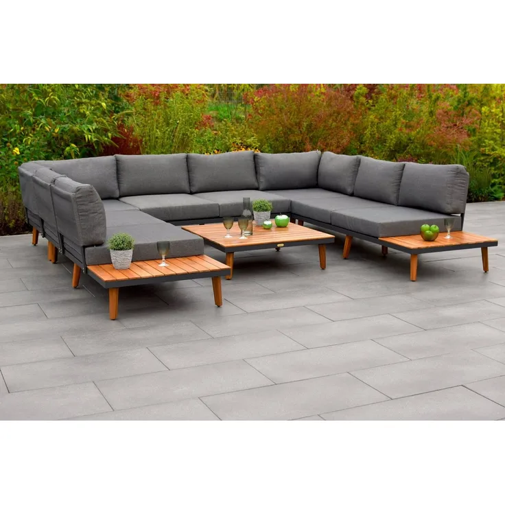 MERXX Garten-Essgruppe Akropolis, (Set, 24-tlg, Eckbank in U-Form, inkl. Sitz-und Rückenkissen, 1x Tisch 90x90 cm), Aluminiumgestell mit Akazienholz, FSC 100 %, geeignet für 8 Personen