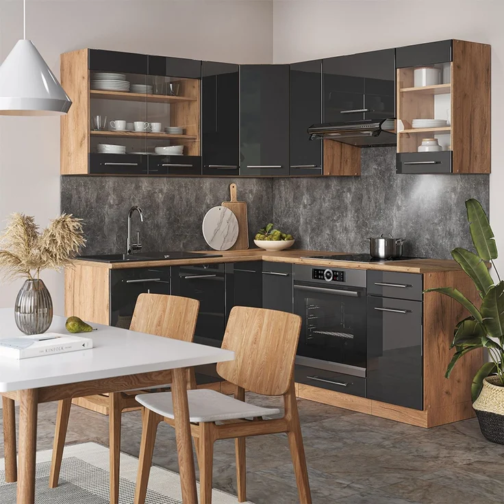 Eckküche Fame-Line Anthrazit Hochglanz/Goldkraft Eiche 190 x 160 cm ohne Arbeitsplatte Vicco – Bild 4