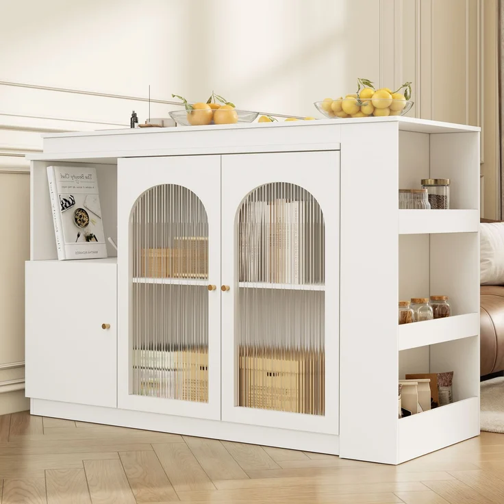 Esszimmerschrank Sideboard Weiß mit 360° Drehfunktion, Changhong-Glas Türen,Aufbewahrungsschrank mit Regalen und Schubladen – Bild 7
