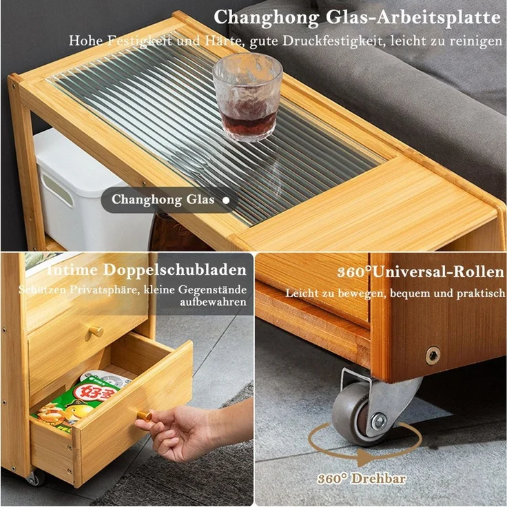 TUWENA Beistelltisch Beistelltisch mit Rollen, Couchtisch Schublade, Nachttisch Stubentisch, Bambus Sofatisch für Wohnzimmer, Schlafzimmer, Balkon, 70x30x60 cm – Bild 3