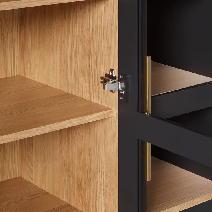 Flieks Vitrinenschrank, Hochschrank mit 3 Glastüren, 4 Schubladen & offener Bogennische, 110 x 40 x 185 cm, Schwarz – Bild 8