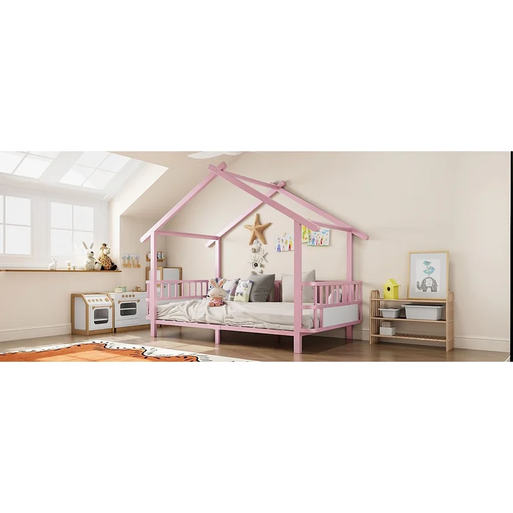EINHOM Kinderbett aus Metall in Hausform, 90 x 200 cm, mit Sicherheitsgitter, Dachdesign und Dekorativem Rahmen, für Jungen und Mädchen, Metall, Rosa, (Ohne Matratze) – Bild 6