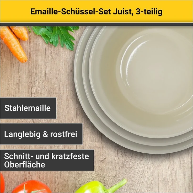 Krüger Schüssel Emaille Schüssel-Set Juist, 3 tlg. (20, Ø 24 und Ø 28 cm), Emaille, (Set, 3-tlg), emailliert, geruchsneutral, geschmacksneutral, kratzfest, schnittfest – Bild 2