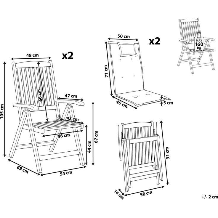 Set mit 2 Stühlen und Sitzkissen AMANTEA PREMIUM Akazienholz Cremeweiß – Bild 2