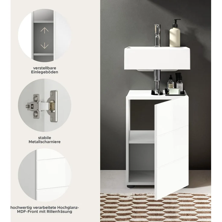 Xonox. home 'Vira' Waschbeckenunterschrank mit Syphonausschnitt, MDF weiß, Hochglanz, 38 x 56 x 34 cm – Bild 7