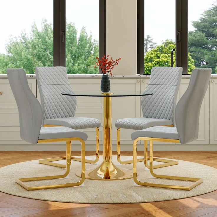 Esstischgruppe 85 x 85 x H 76 cm aus gehärtetem Glas und Metall, mit 4 Stühlen in Hellgrau-Gold
