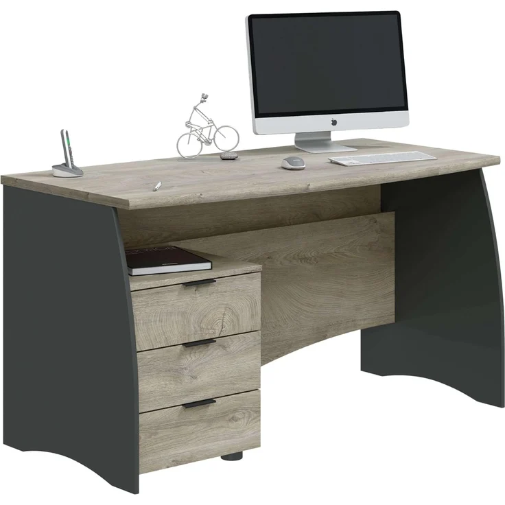 Habitdesign Estil, Bürotisch mit 3 Schubladen, Finish in Anthrazit und Eiche Alaska, Maße: 136 cm (B) x 67 cm (T) x 74 cm (H) – Bild 1