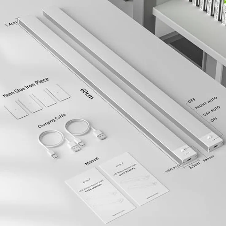 OUILA Unterbauleuchte Küche LED 2 Stück 60CM Schrankbeleuchtung Batterie 5000mAh USB Wiederaufladbar Magnetische Lampe Kabellos Schranklicht mit Bewegungsmelder für Schlafzimmer, Werkstatt (Warmweiß) – Bild 8