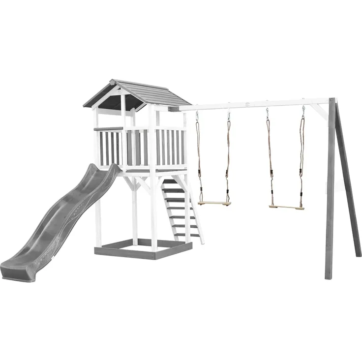 Spielturm mit Rutsche, Holzgestell mit Doppelschaukel grau