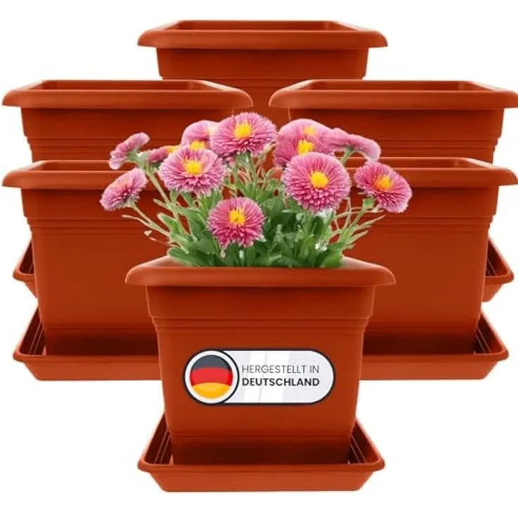Centi Pflanzkübel Blumentopf Gross, Pflanzentopf Groß Außen Blumentopf mit Untersetzer (Set, 6 St, 40x40 cm aus Kunststoff in Terracotta), Pflanzkübel, Blumenkübel, Made in DE