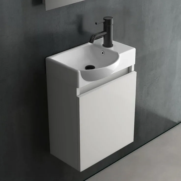 Alpenberger Hochglanz Weiß Waschbecken mit Unterschrank | Vormontiertes Hand-Waschbecken | Badmöbel-Set für Badezimmer & Gäste-WC | Keramik Handwaschbecken mit Überlaufschutz | Komplett-Set