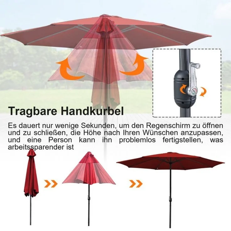 Clanmacy Sonnenschirm Sonnenschirm Ø350 cm Balkonschirm Gartenschirm UV50+ ohne Knick Rot, LxB: 350x350 cm, Stabiler knickbar/für Garten, Balkon, Terasse/Sonnenschutz – Bild 4