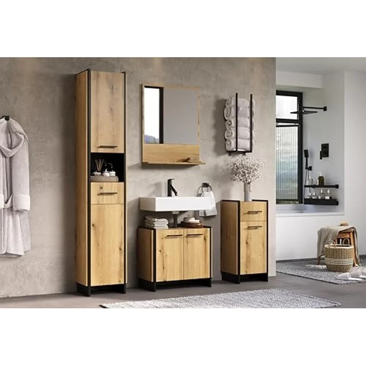 trendteam smart living - Safiya - Kommode - Eiche/Schwarz - Standschrank mit 1 Tür (Türanschlag Links/rechts) 1 Einlegeboden und 1 Schublade - (BxHxT) 37 x 79 x 31 cm - Schubkasten-Vollauszug – Bild 2